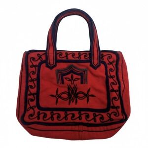 Vintage Folk Art Embroidered Wool‎ Tote Bag Red Navy Trim